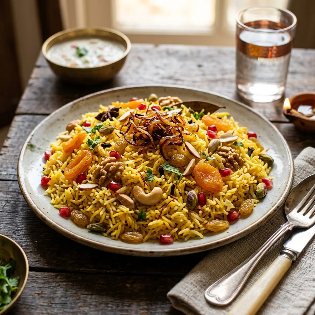 Kashmiri Pulao - fragrant saffron rice cooked with dry fruits, nuts and mild spices