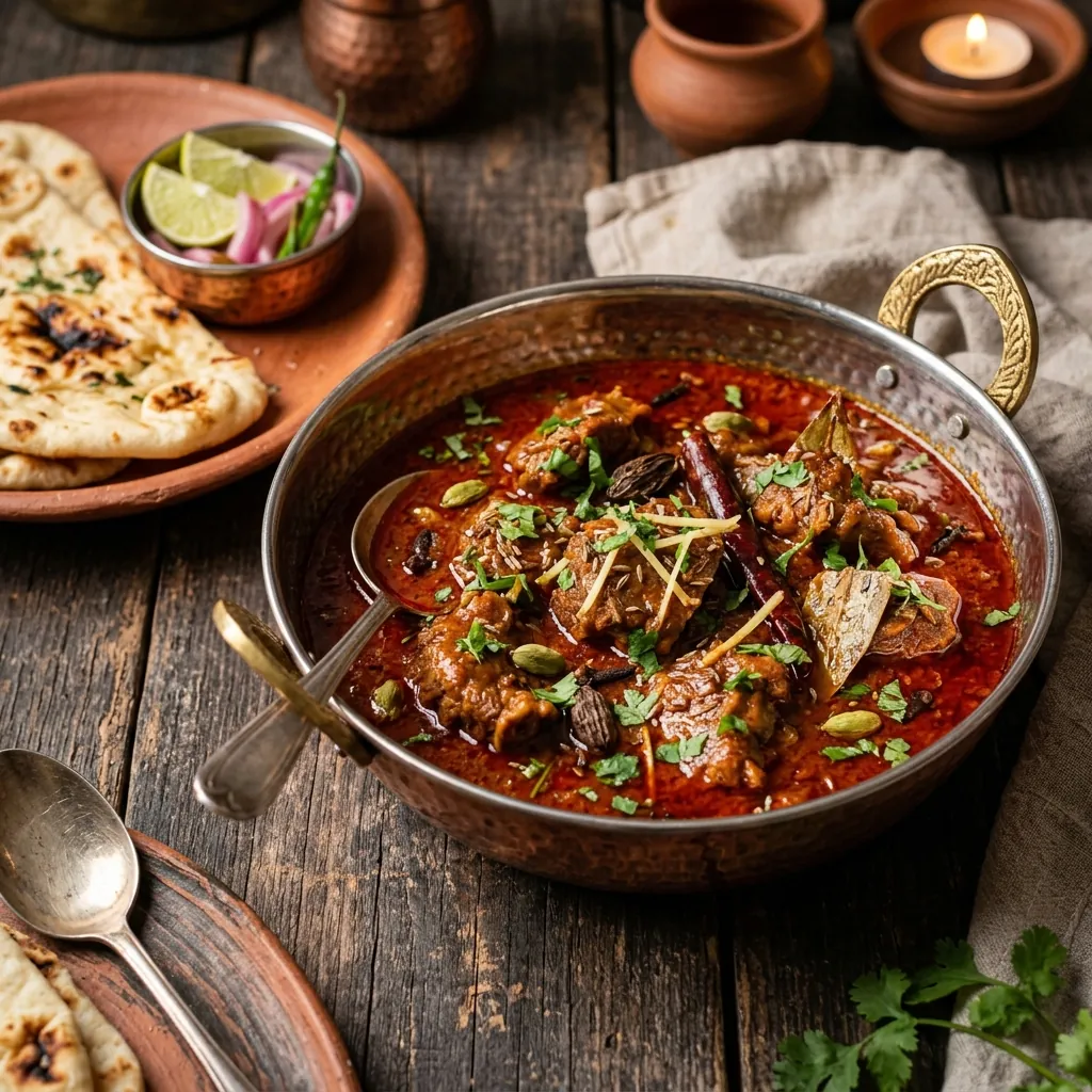 Rogan Josh - tender mutton pieces cooked in a rich, red gravy
