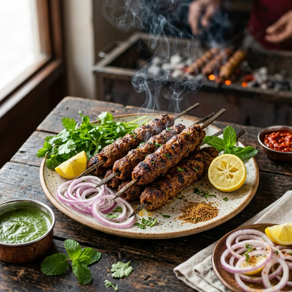 Seekh Kabab - spiced minced mutton skewers grilled over charcoal in a clay tandoor