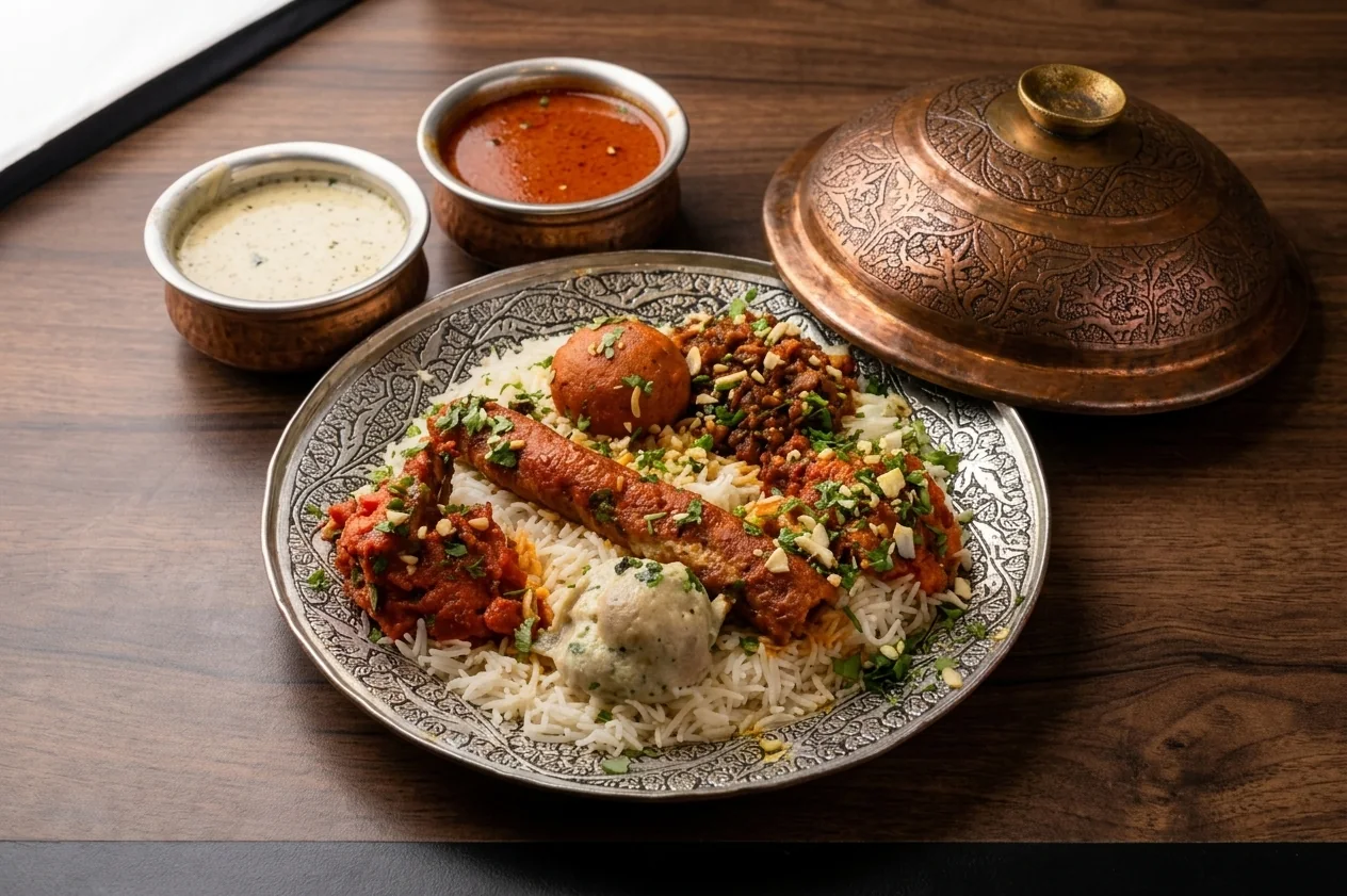 Wazwan Thali - a traditional multi-dish Kashmiri feast platter with rice, Rogan Josh, Rista, and sides
